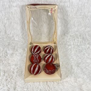 Vintage Christmas Ornaments Velvet Red And Silver Floc Ball Round Retro Set of 6